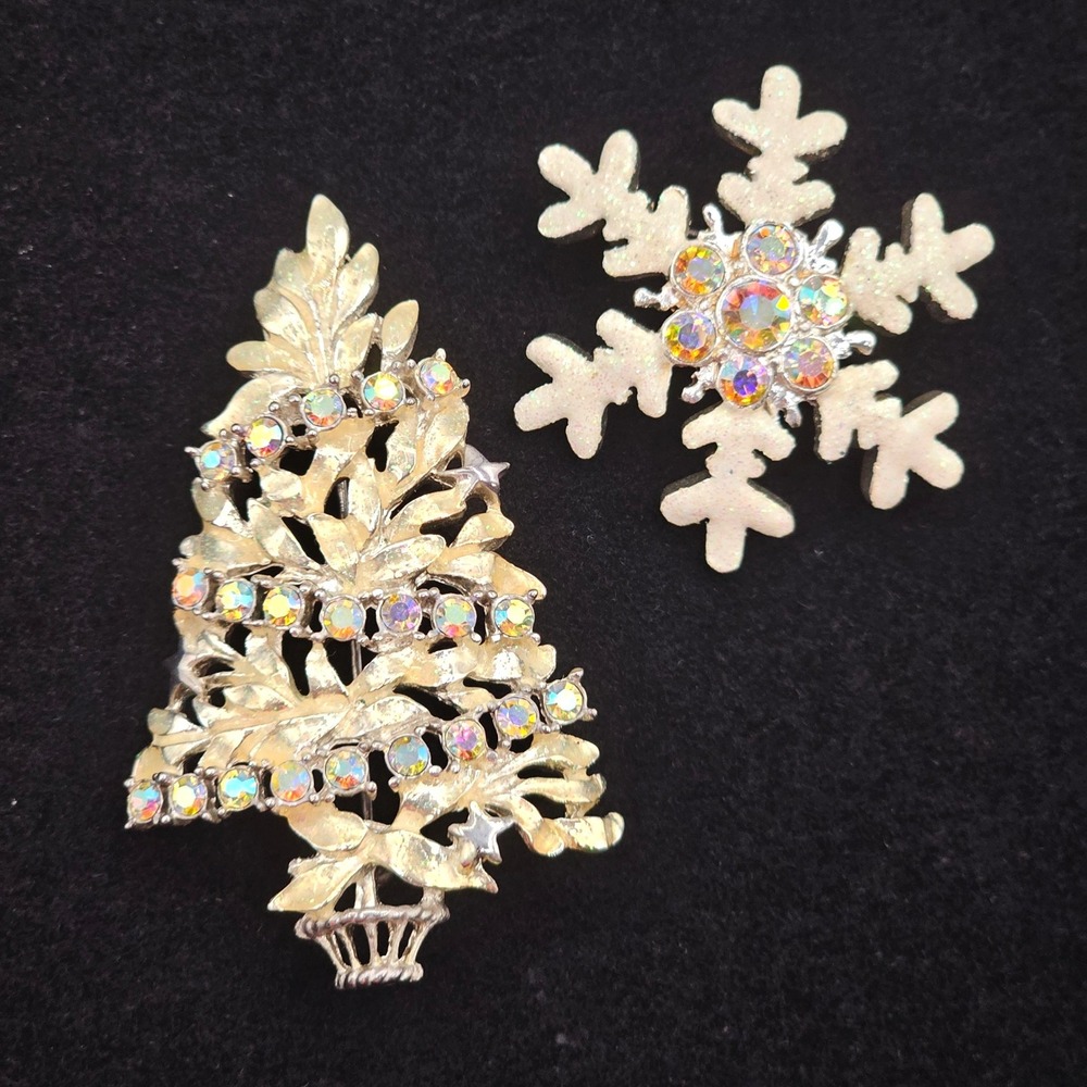 Vintage AB Rhinestone Brooches Christmas Tree Snowflake Holiday Festive Pins